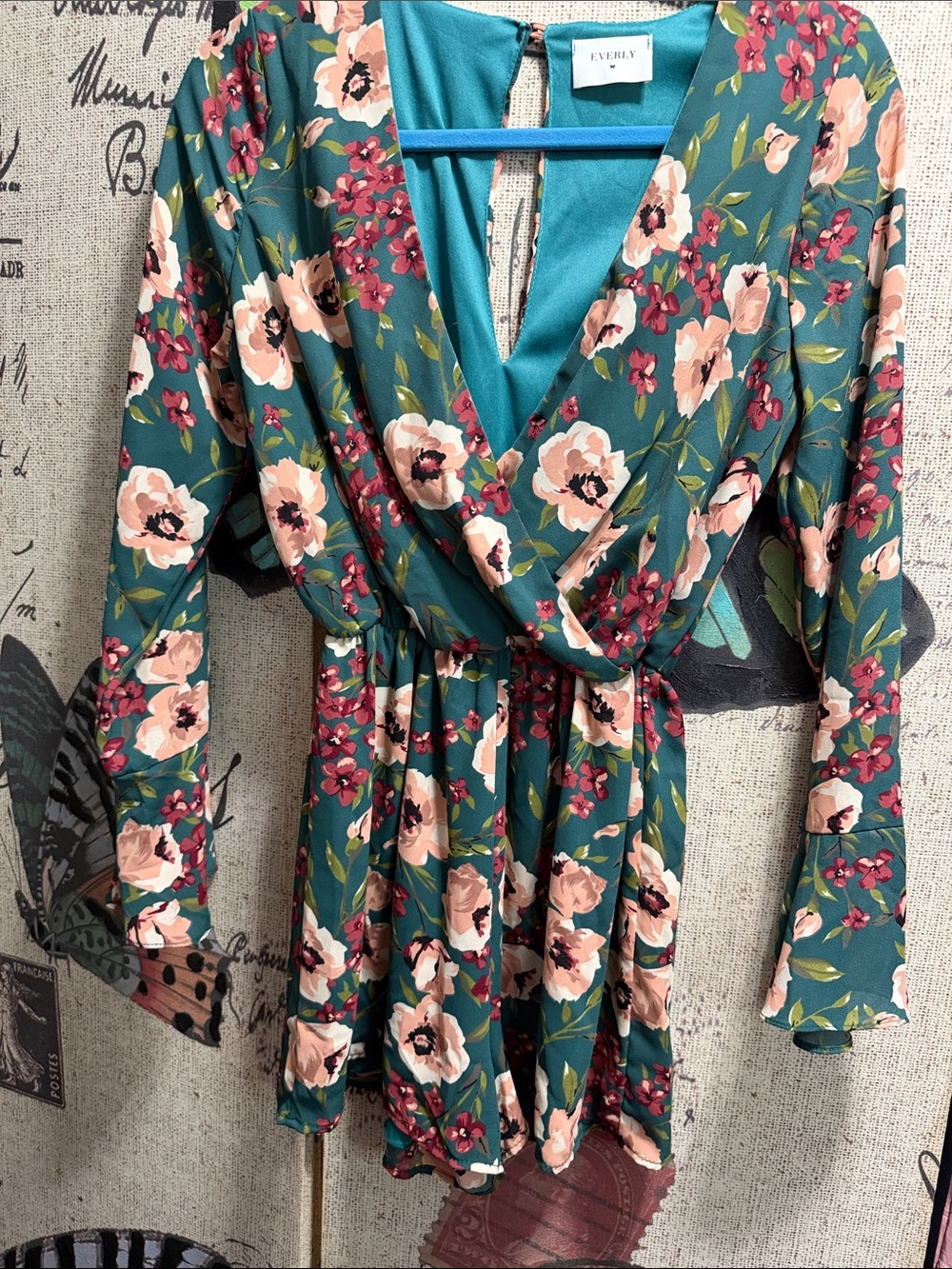 Everly Teal Floral Wrap Romper with Blush and Berry Blooms